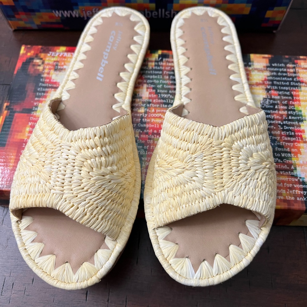 Jeffery Campbell “Dane” Natural Raffia Flat Slide Sandals Size 8.5 Ret.$75